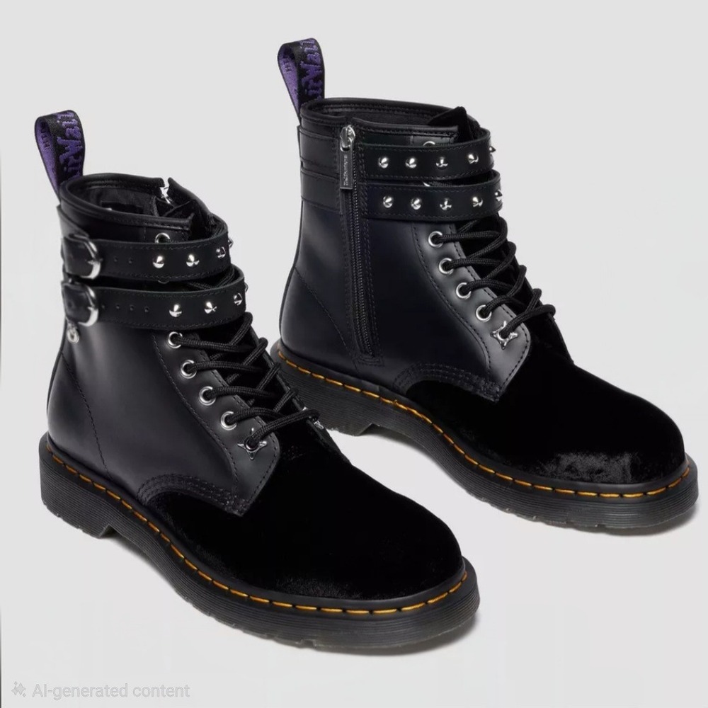 Dr. Martens 1460 Wednesday Boots Women‎ 8 Black Velvet Leather Studded Goth Alt - Picture 5 of 14